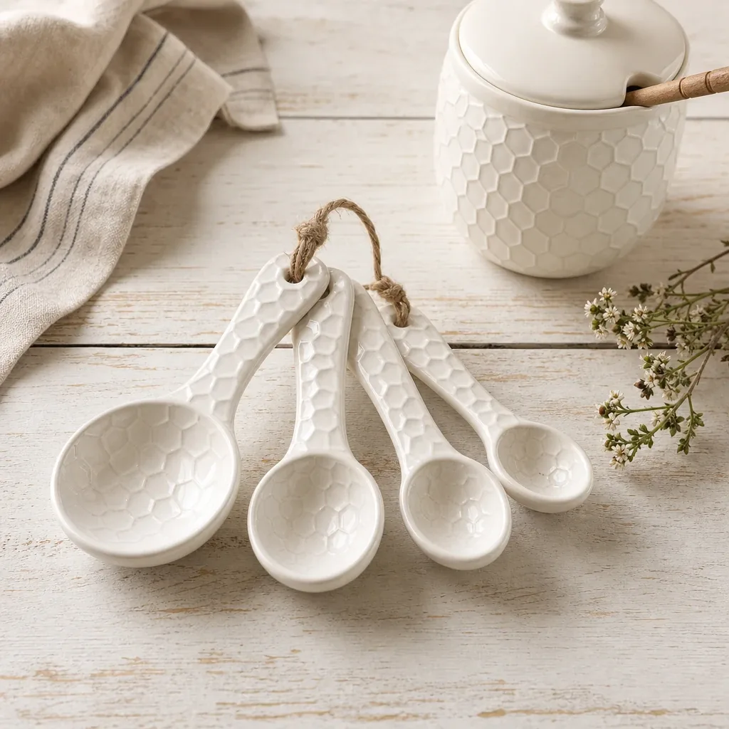 Honeycomb Measuring Spoons styled on a softly lit farmhouse surface