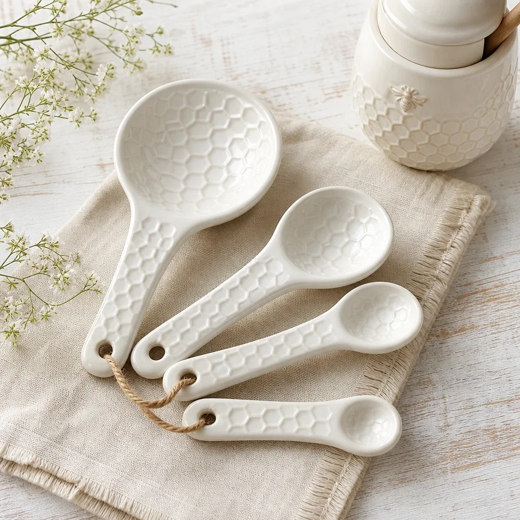 Alternate view of Honeycomb Measuring Spoons styled on a softly lit farmhouse surface