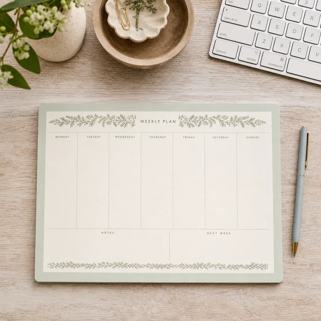 Honeydew Weekly Desk Pad styled on a softly lit farmhouse surface