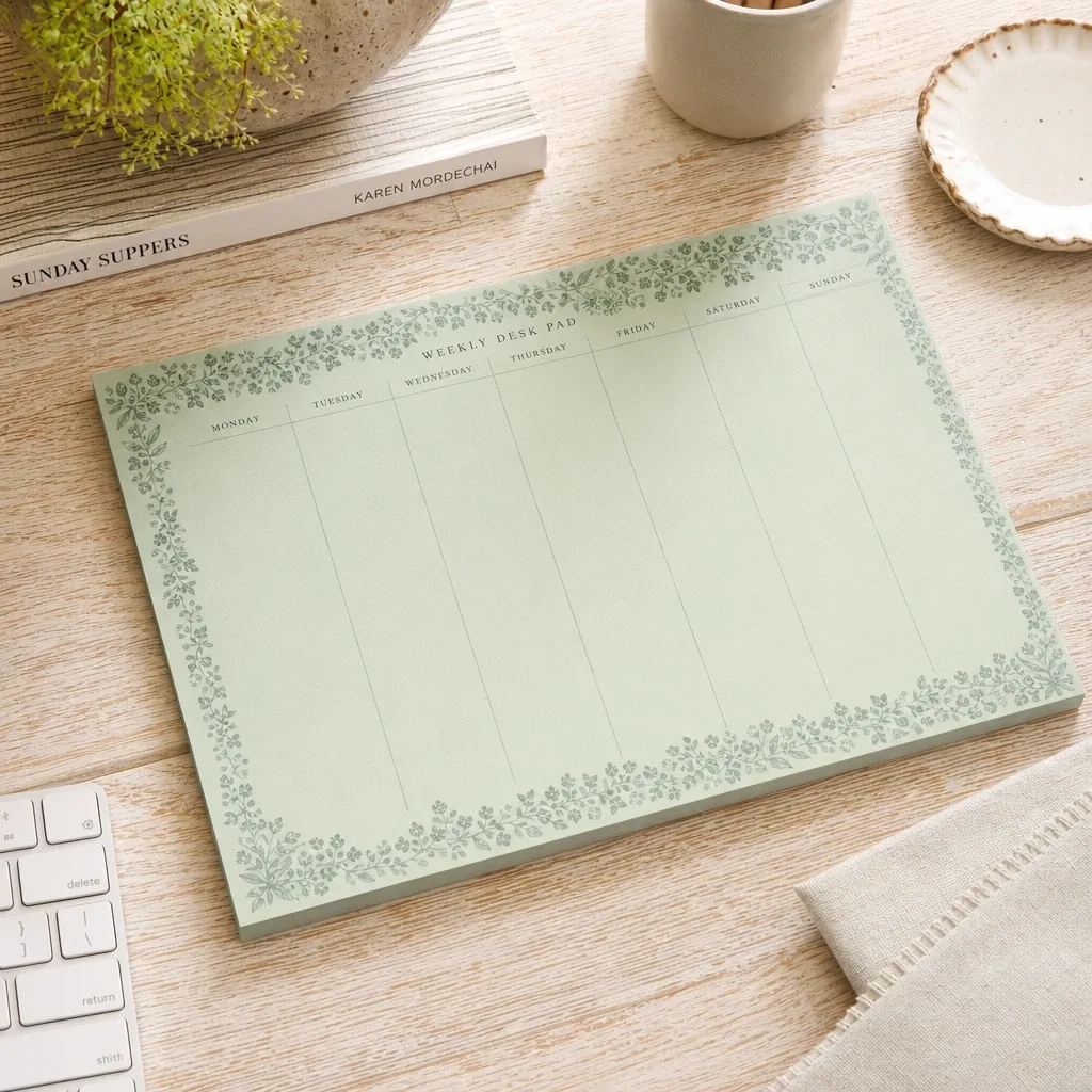 Alternate view of Honeydew Weekly Desk Pad styled on a softly lit farmhouse surface