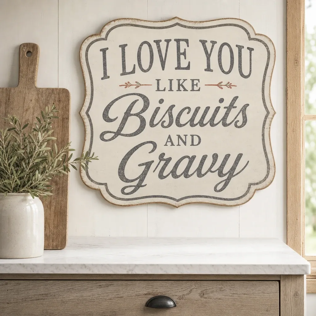 I Love You Like Biscuits and Gravy styled on a softly lit farmhouse surface