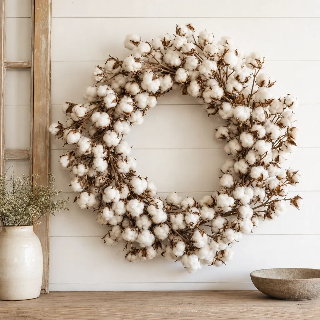 Large Cotton Wreath styled with soft natural light and greenery