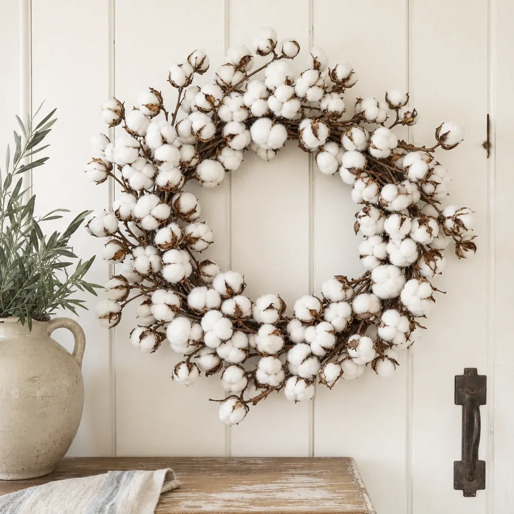 Alternate view of Large Cotton Wreath styled with soft natural light and greenery
