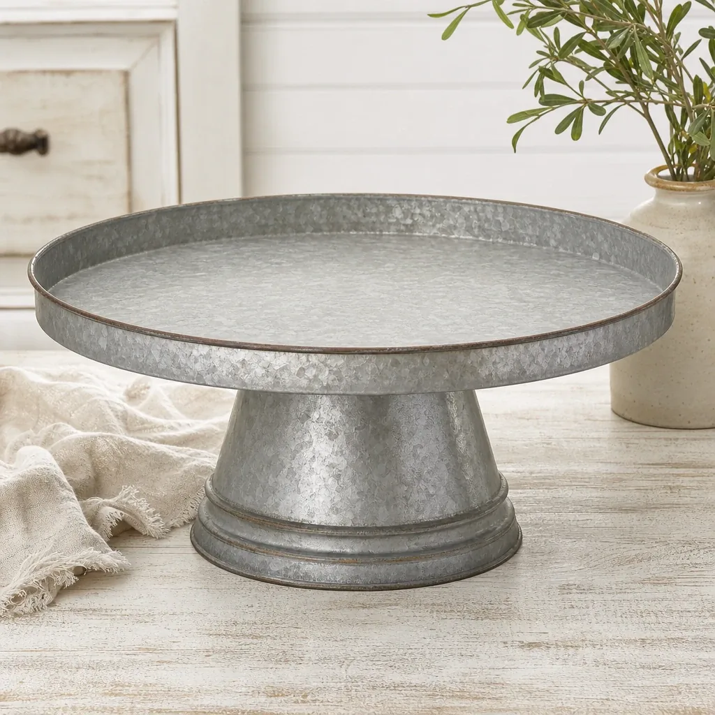 Large Galvanized Cake Stand styled on a softly lit farmhouse surface