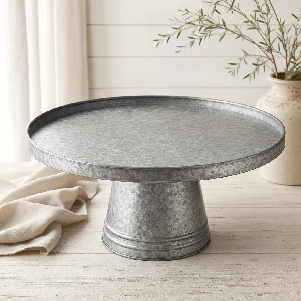 Alternate view of Large Galvanized Cake Stand styled on a softly lit farmhouse surface