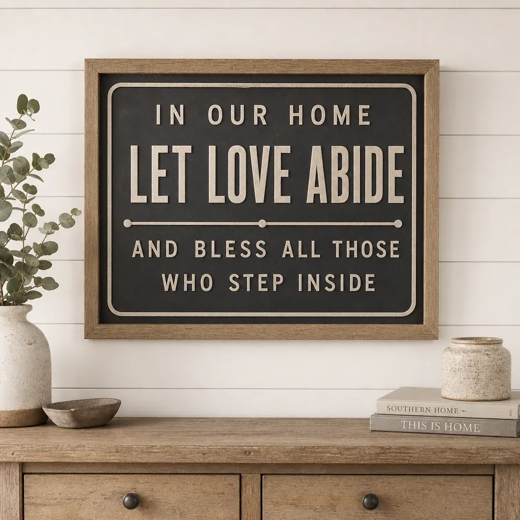 A 'Let Love Abide' wall art sign displayed in a warm farmhouse interior, a meaningful finishing touch for a gathered Southern-style home