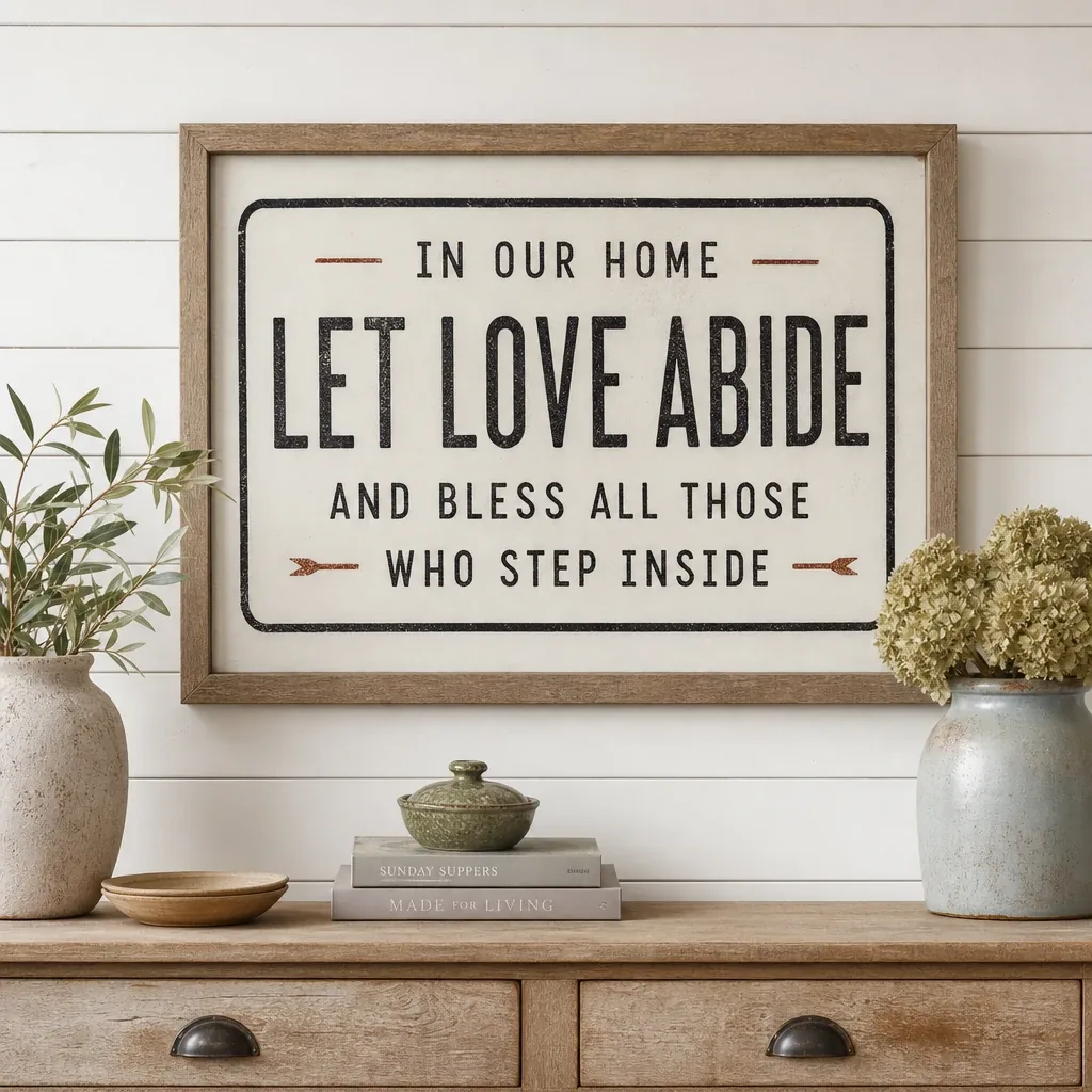 Alternate view of Let Love Abide Wall Art displayed in a warm farmhouse interior