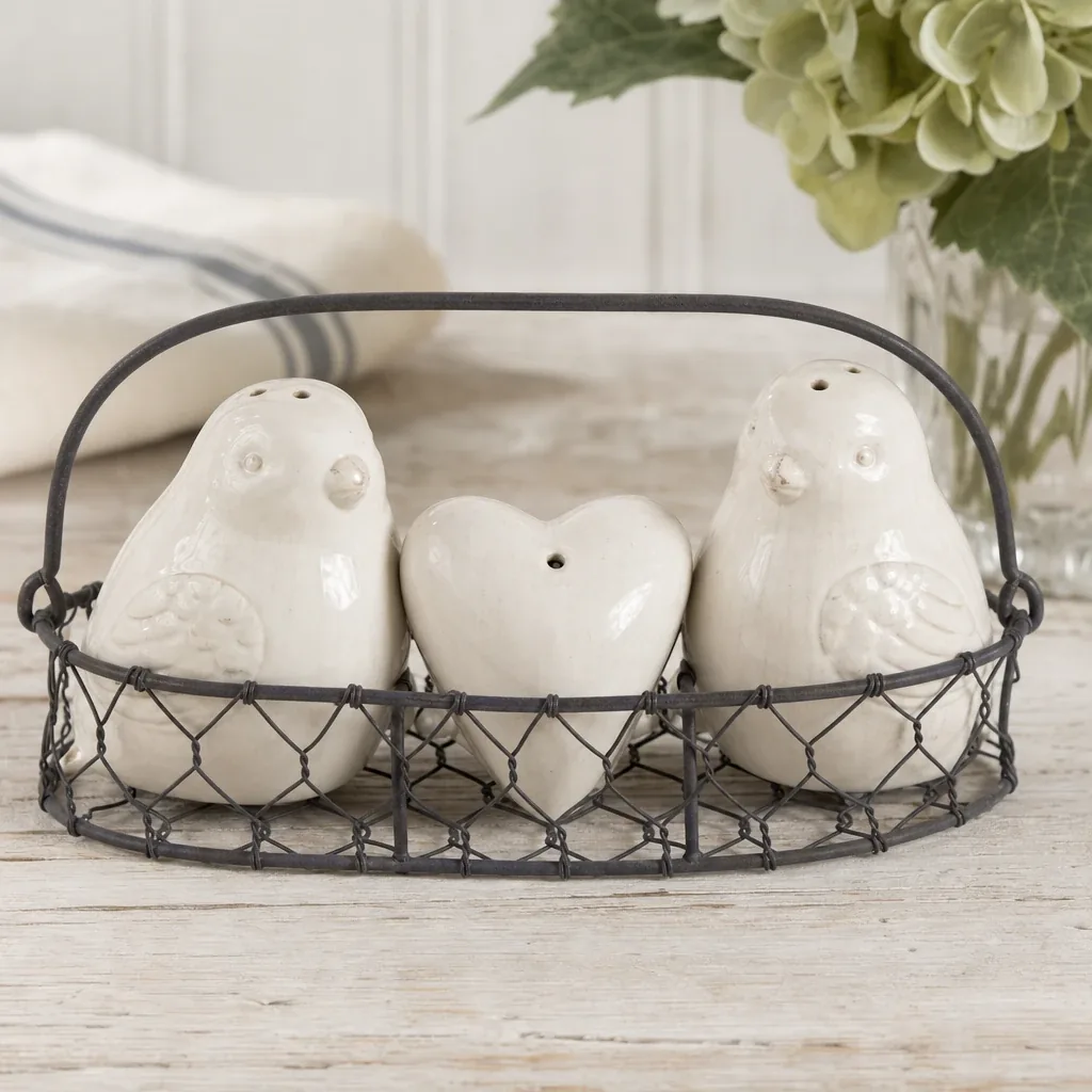 Love Bird Salt and Pepper Shaker styled on a softly lit farmhouse surface
