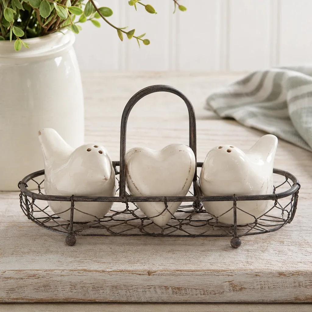 Alternate view of Love Bird Salt and Pepper Shaker styled on a softly lit farmhouse surface
