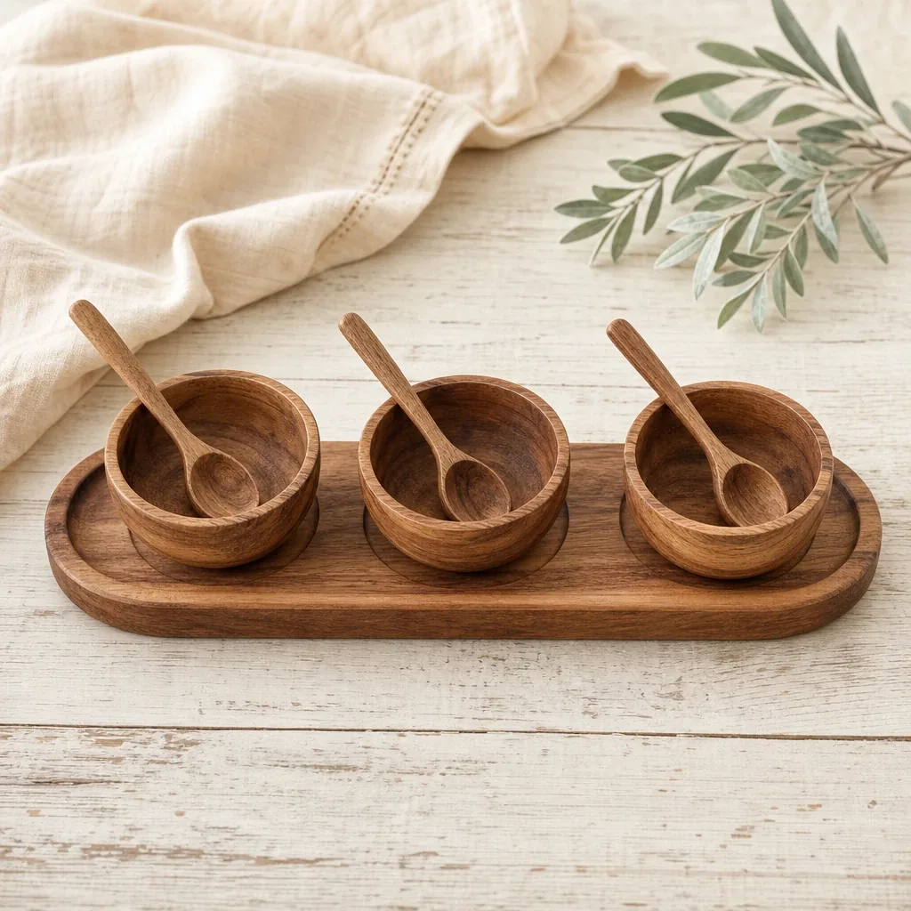 Maebells Acacia Wooden Serving Tray styled on a softly lit farmhouse surface
