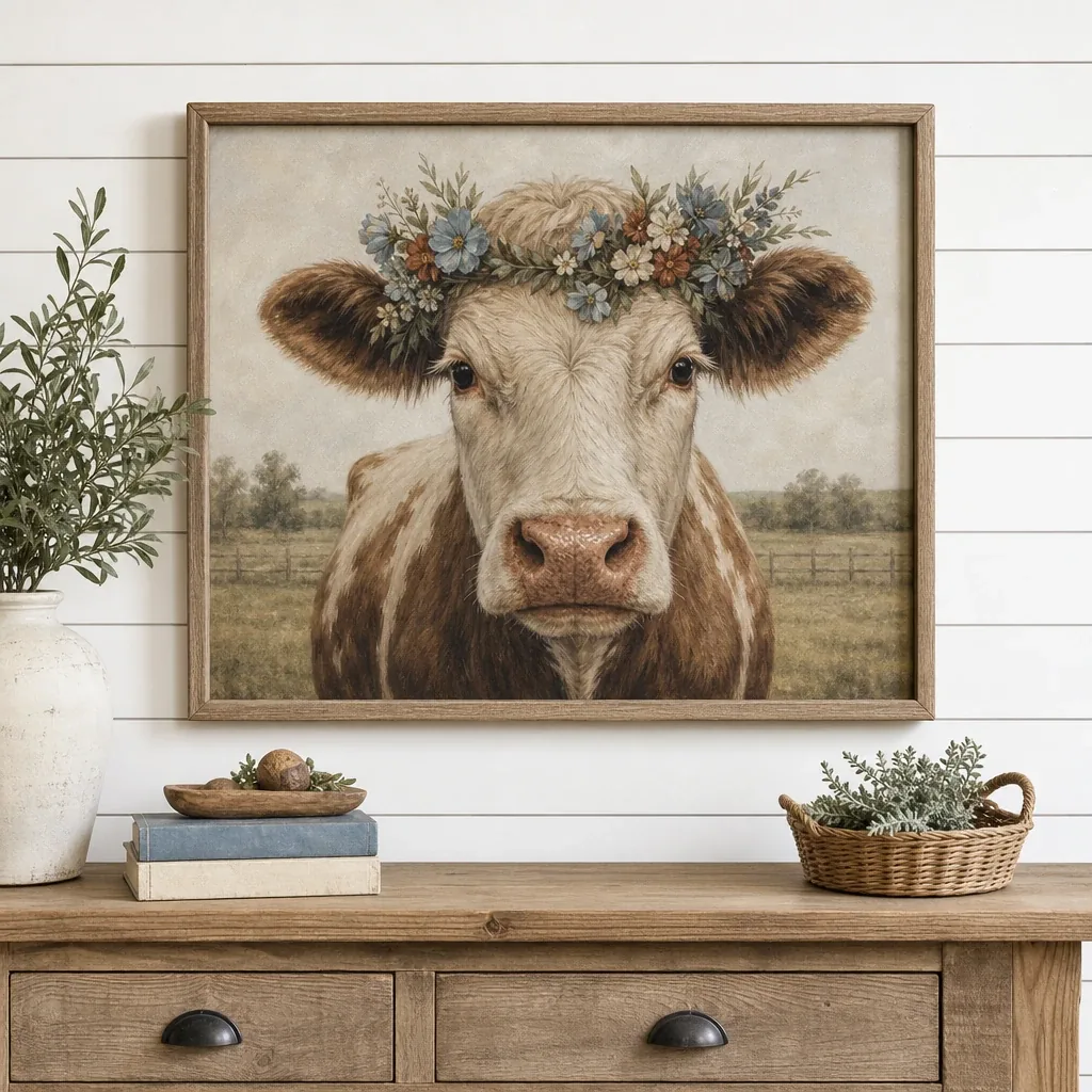 Maggie Moo Cow Canvas displayed in a warm farmhouse interior
