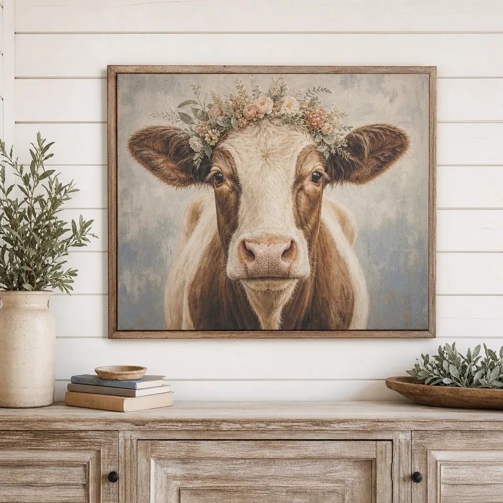 Alternate view of Maggie Moo Cow Canvas displayed in a warm farmhouse interior