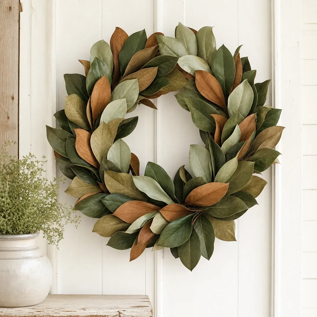 A magnolia wreath with deep green leaves hanging on a softly lit farmhouse wall