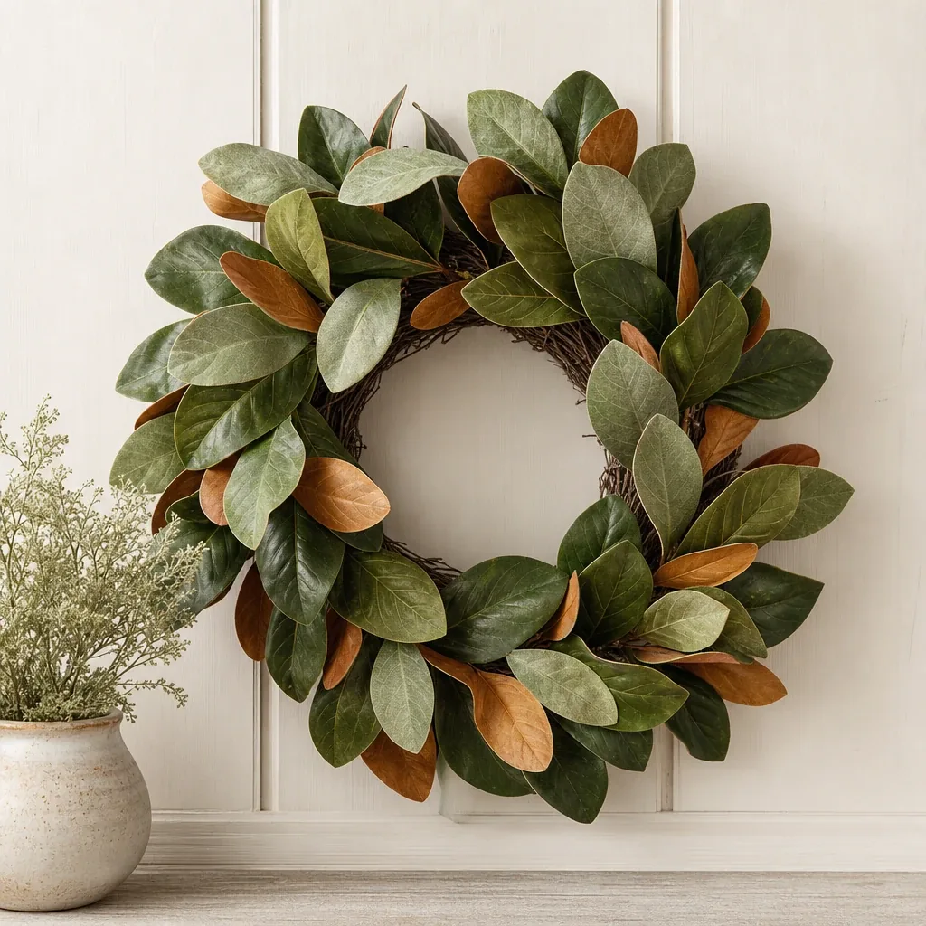 Alternate view of Magnolia Wreath styled with soft natural light and greenery