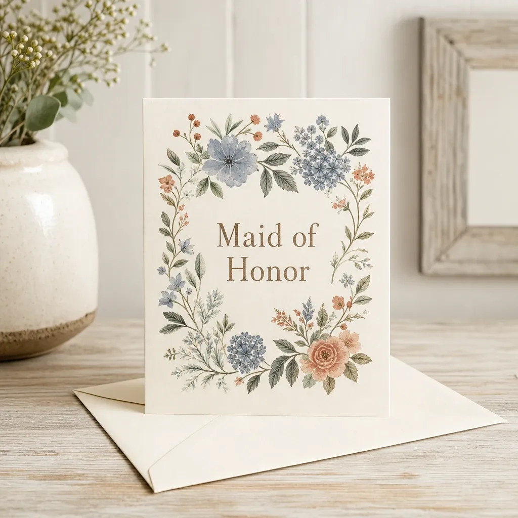 Maid of Honor Card styled on a softly lit farmhouse surface