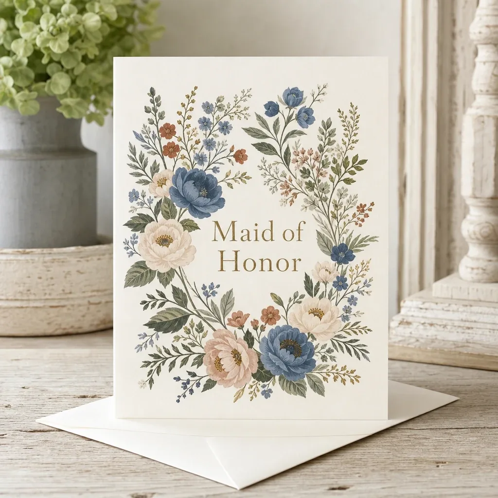 Alternate view of Maid of Honor Card styled on a softly lit farmhouse surface
