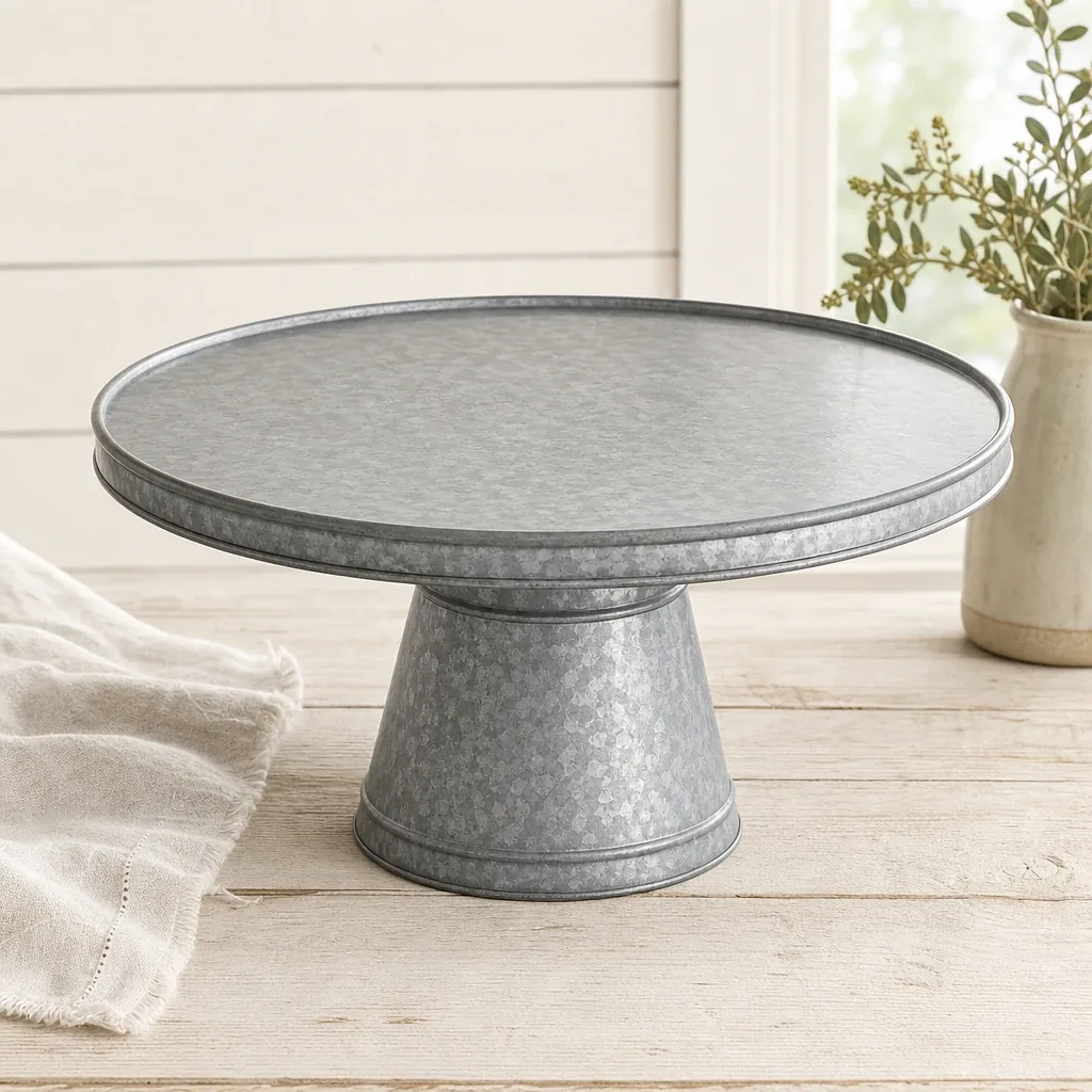 Medium Galvanized Cake Stand styled on a softly lit farmhouse surface