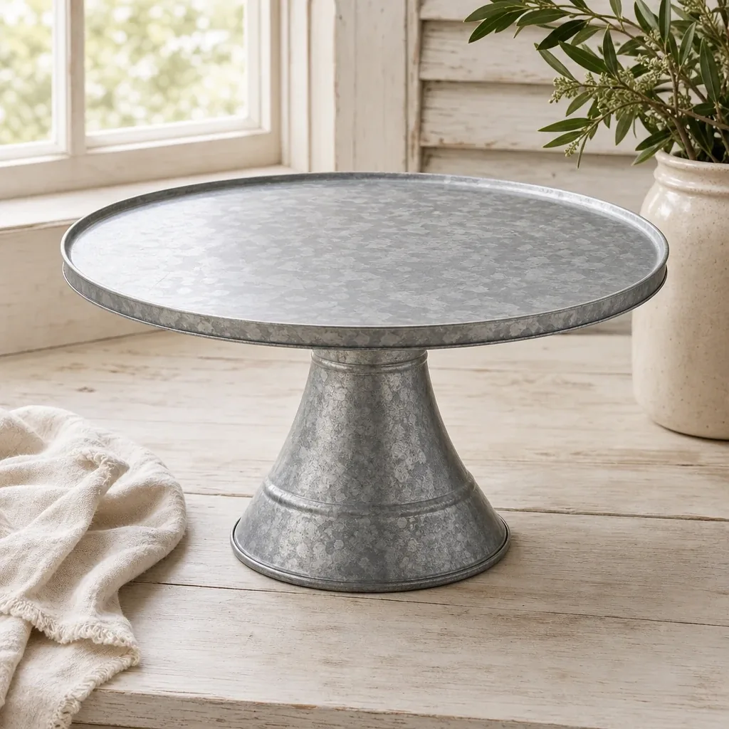 A galvanized metal cake stand styled on a softly lit farmhouse surface