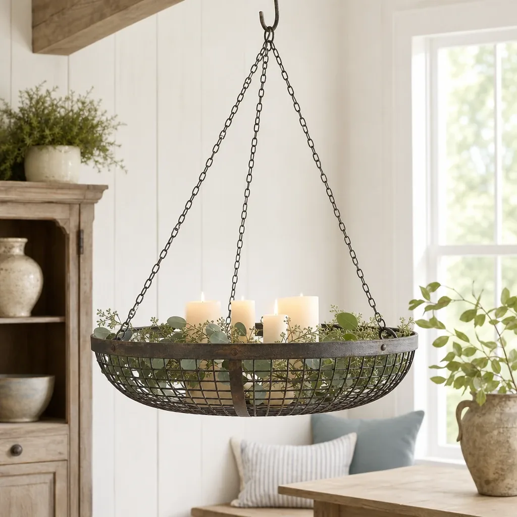 Metal Hanging Basket styled on a softly lit farmhouse surface