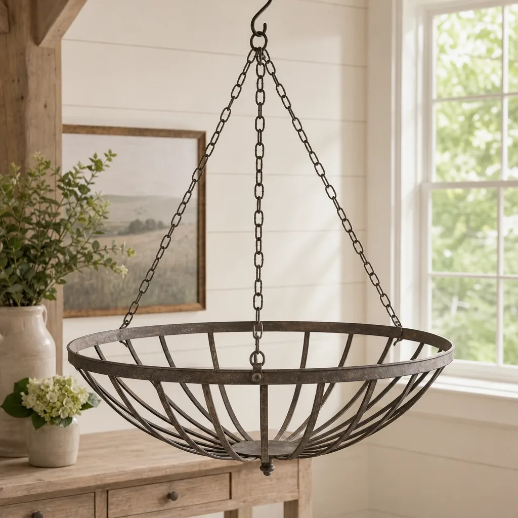 Alternate view of Metal Hanging Basket styled on a softly lit farmhouse surface
