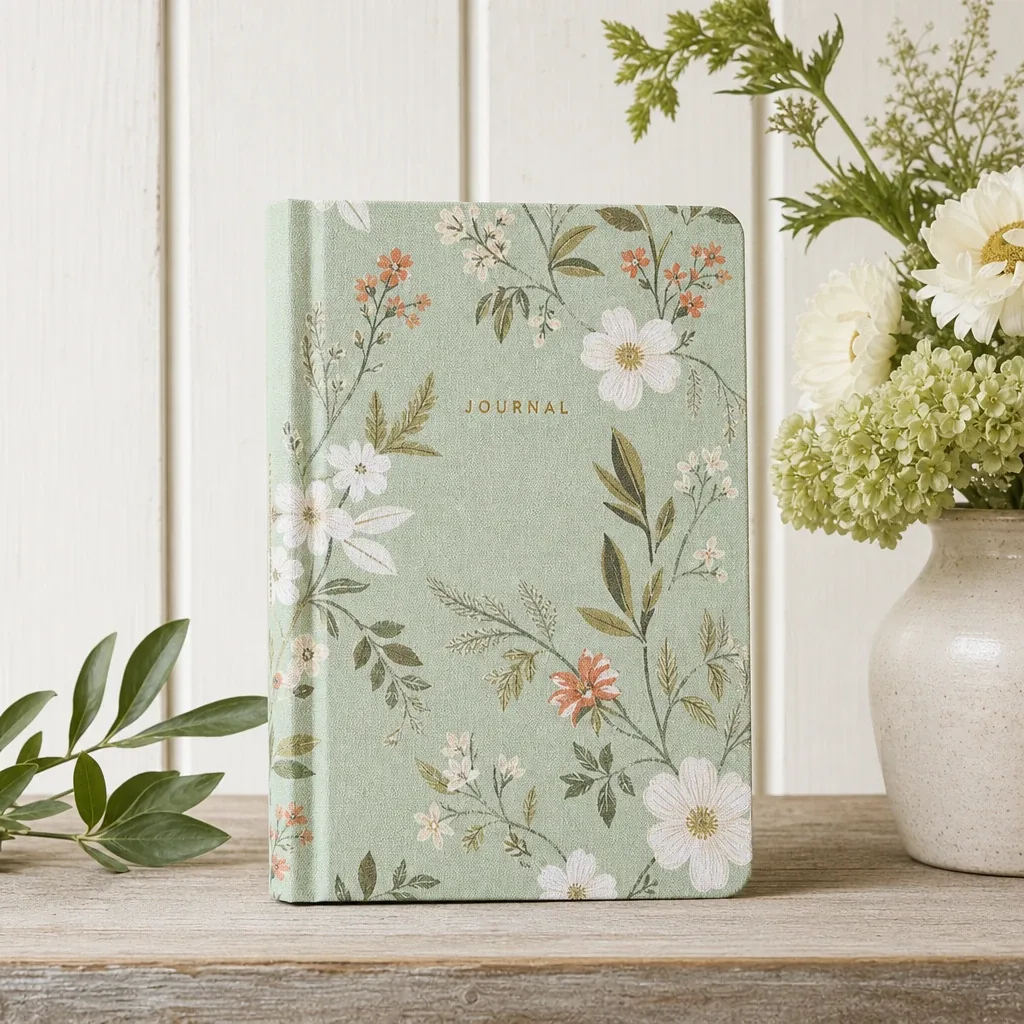 Mint Floral Journal styled with soft natural light and greenery