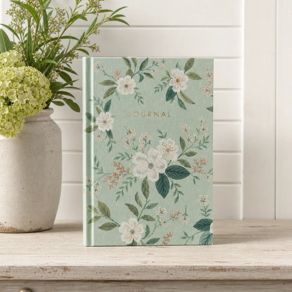 Alternate view of Mint Floral Journal styled with soft natural light and greenery
