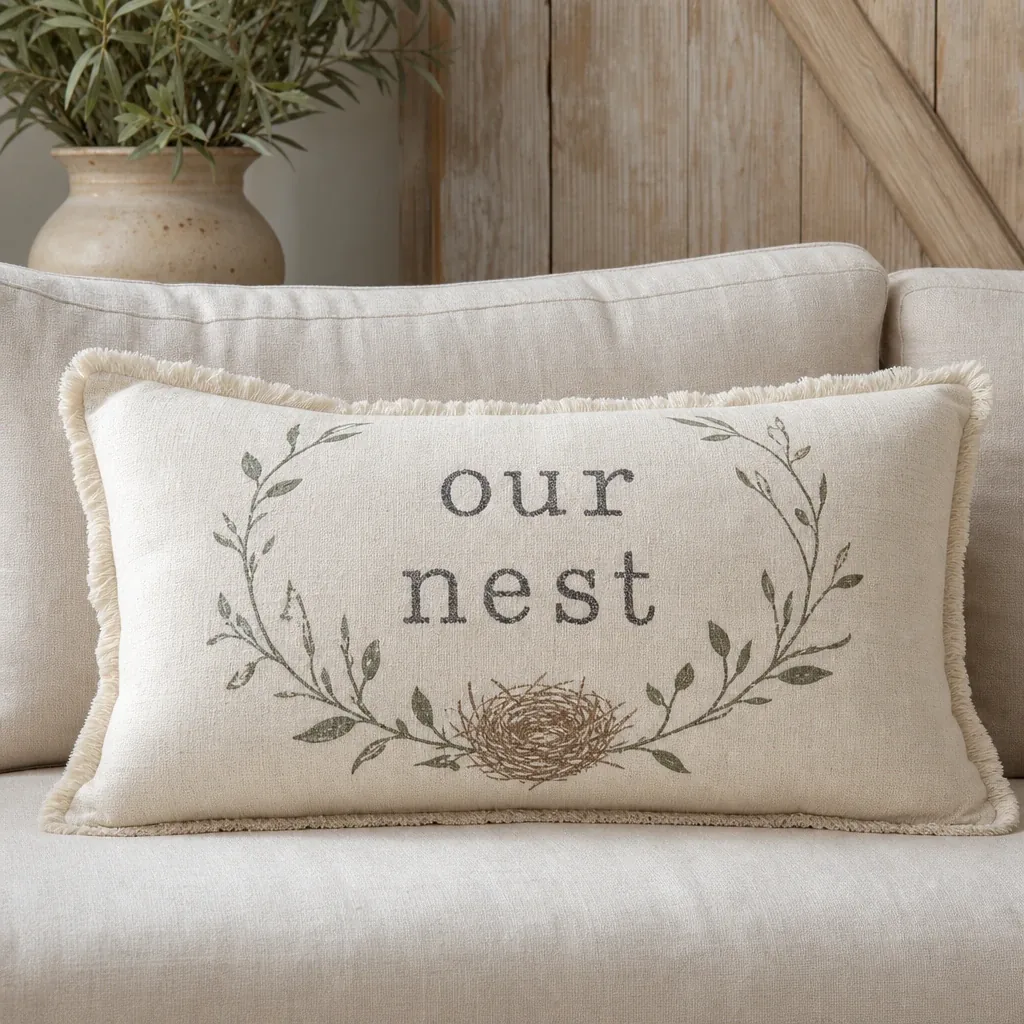 An 'Our Nest' linen pillow in warm neutral tones styled on a sofa in a soft, sunlit farmhouse room