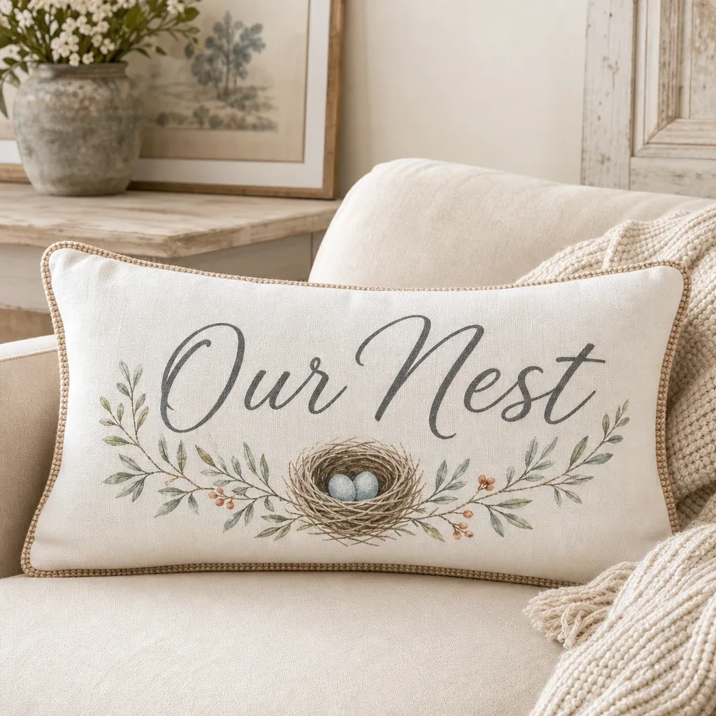 Alternate view of Our Nest Pillow styled in a warm farmhouse room