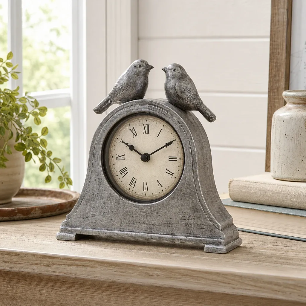 Pewter Bird Clock styled on a softly lit farmhouse surface
