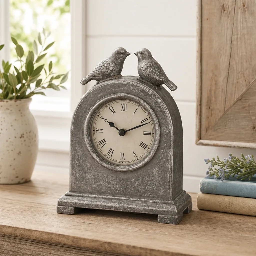 Alternate view of Pewter Bird Clock styled on a softly lit farmhouse surface