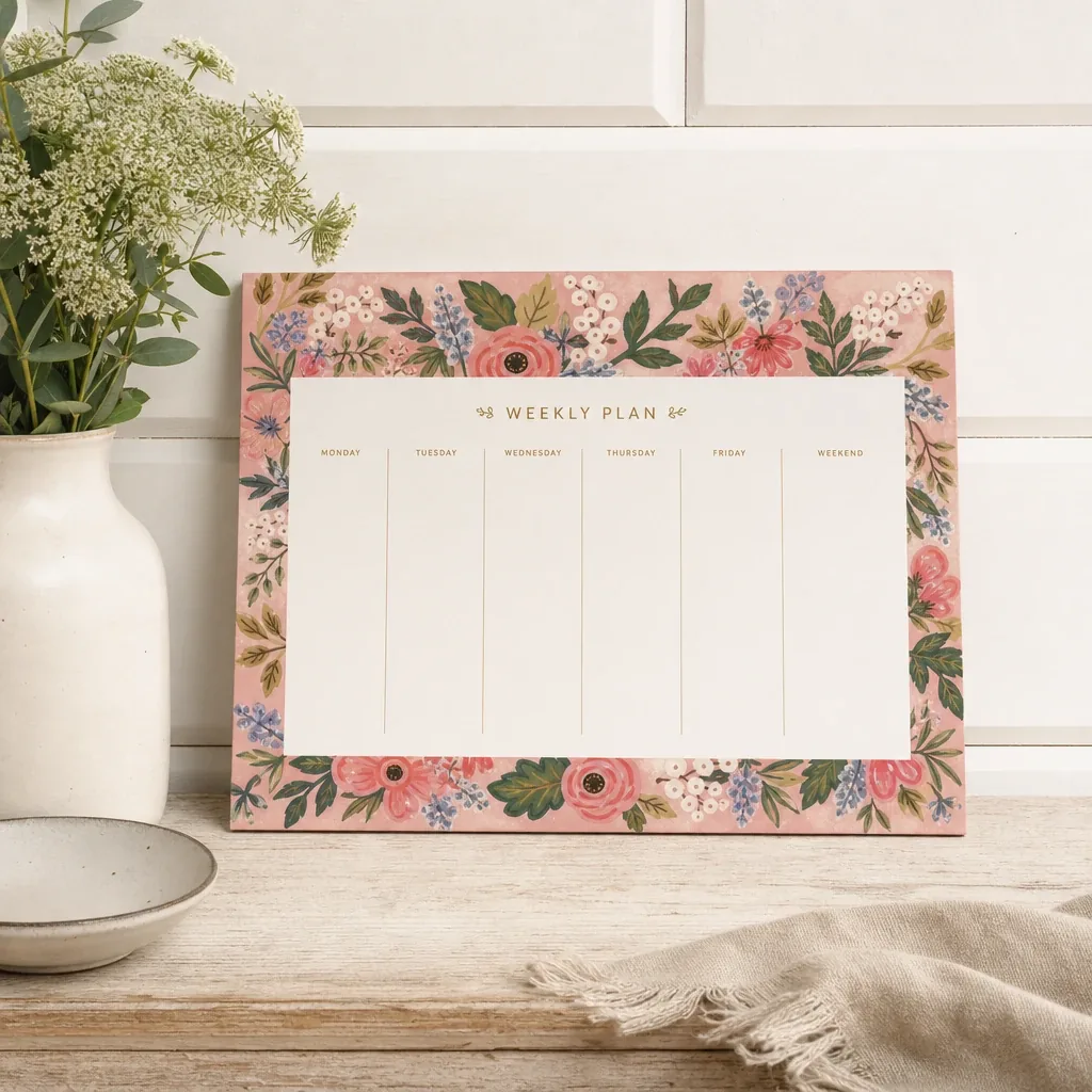 Pink Floral Weekly Desk Pad styled with soft natural light and greenery