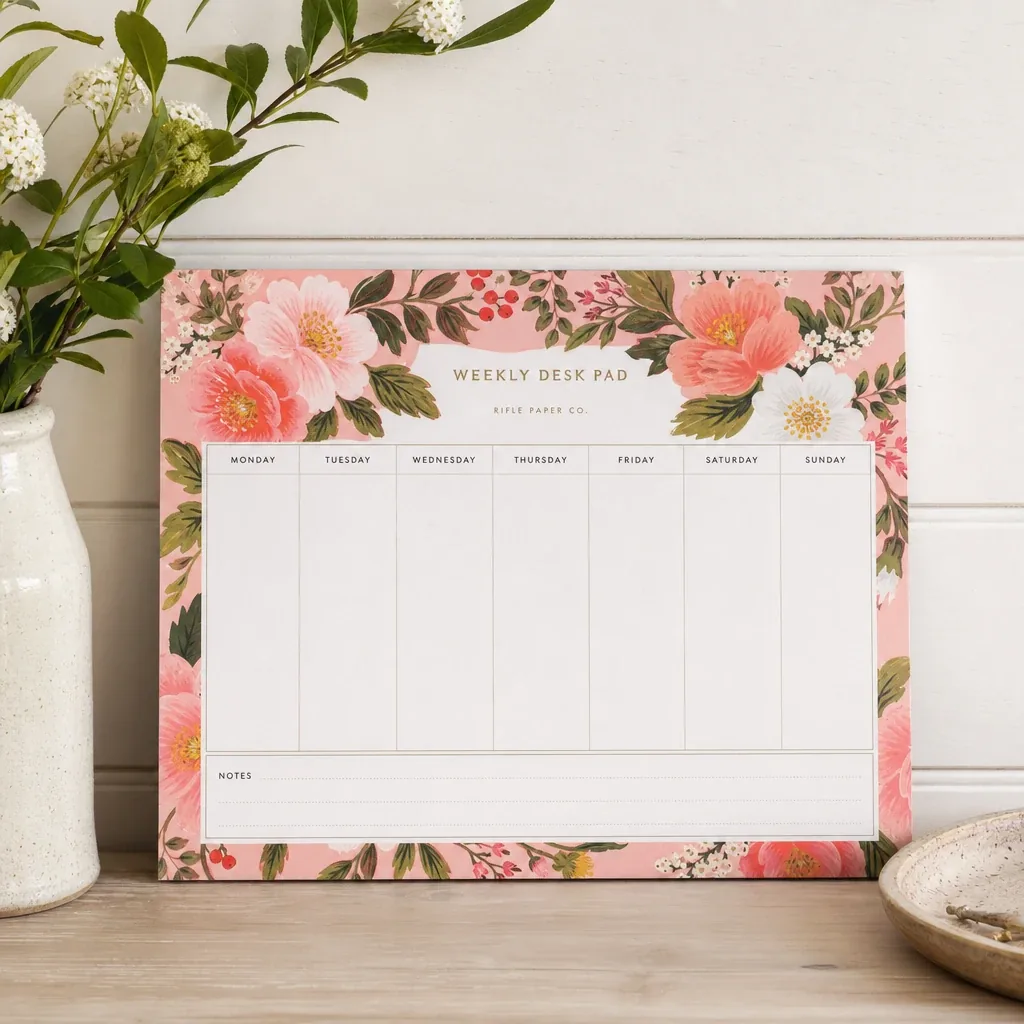 Alternate view of Pink Floral Weekly Desk Pad styled with soft natural light and greenery