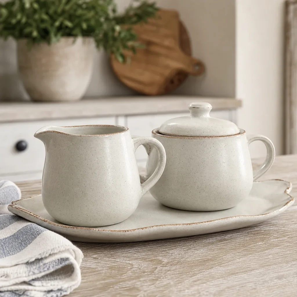 Quinn Cream and Sugar Pot styled on a softly lit farmhouse surface