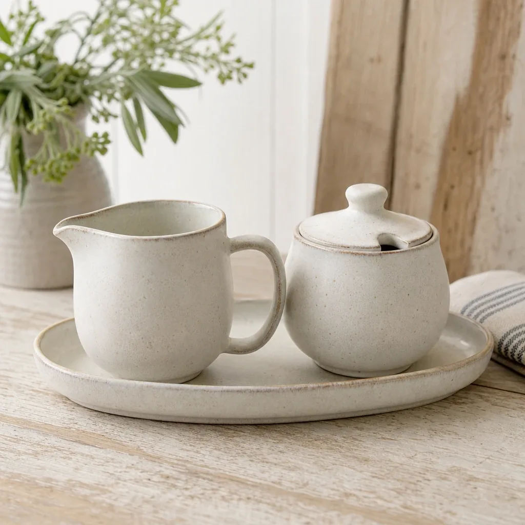 Alternate view of Quinn Cream and Sugar Pot styled on a softly lit farmhouse surface