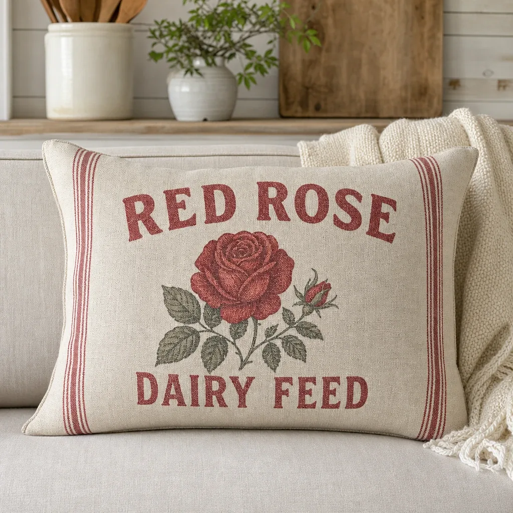 Red Rose Dairy Feed Sack Pillow styled in a warm farmhouse room