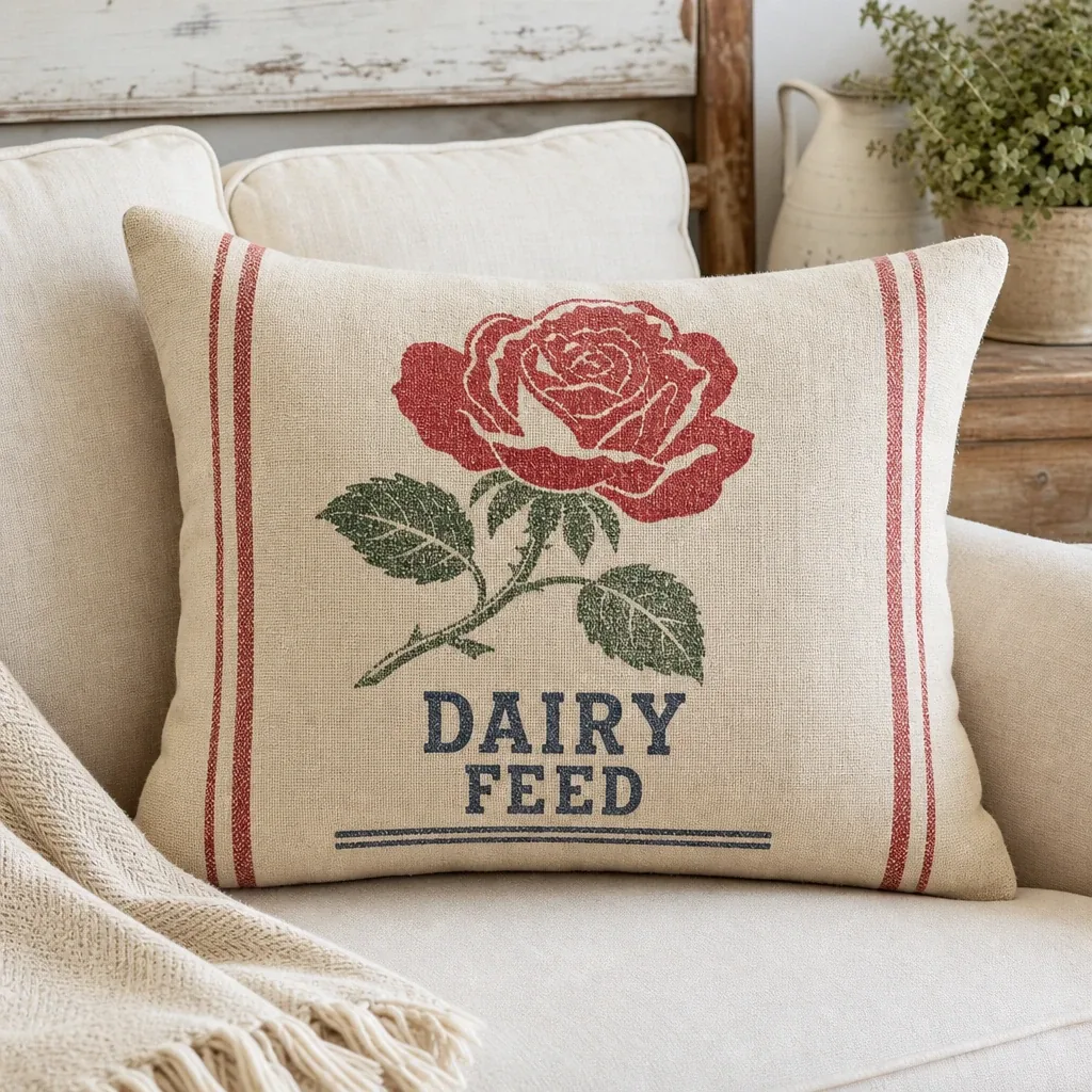 Alternate view of Red Rose Dairy Feed Sack Pillow styled in a warm farmhouse room