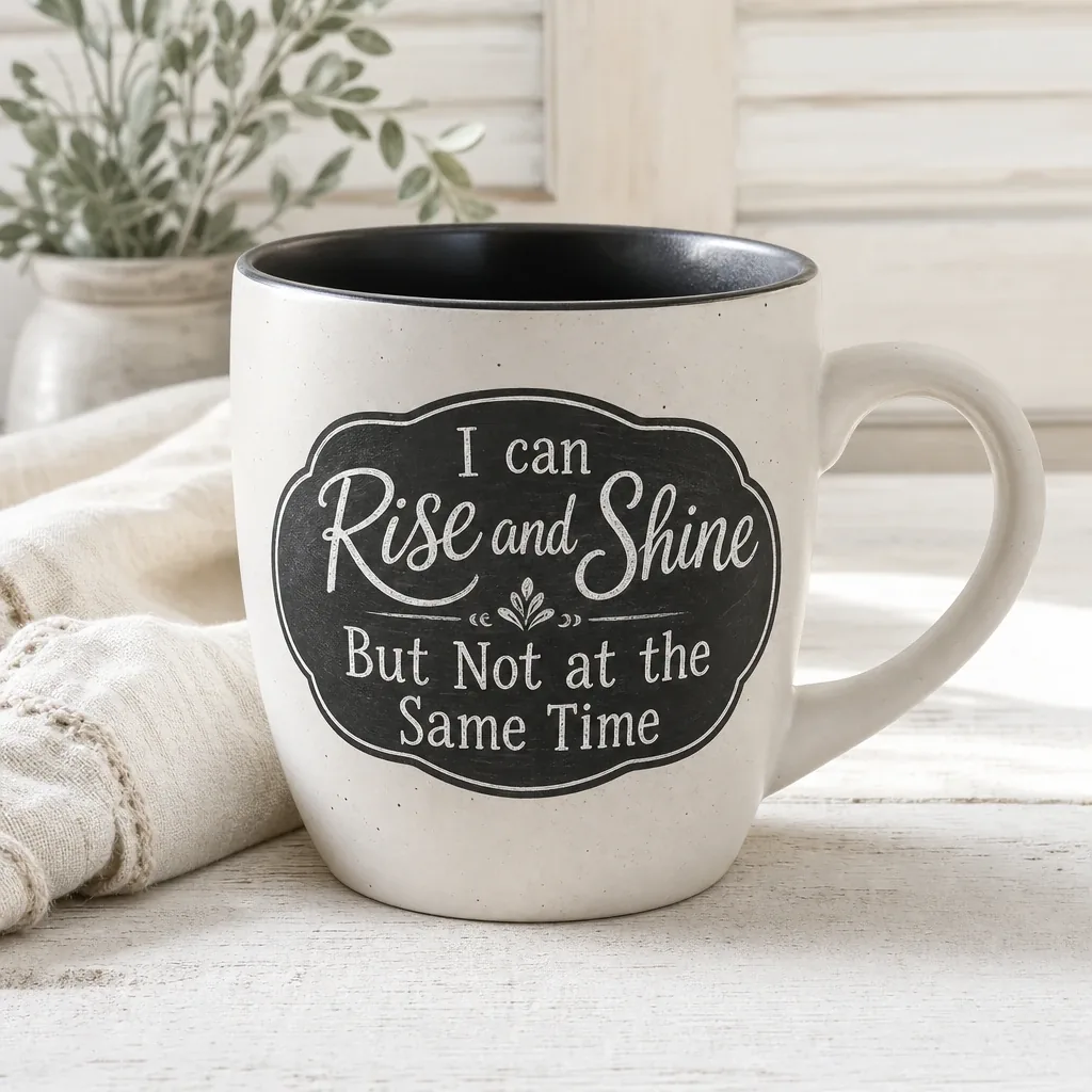 Alternate view of Rise and Shine Mug styled on a softly lit farmhouse surface