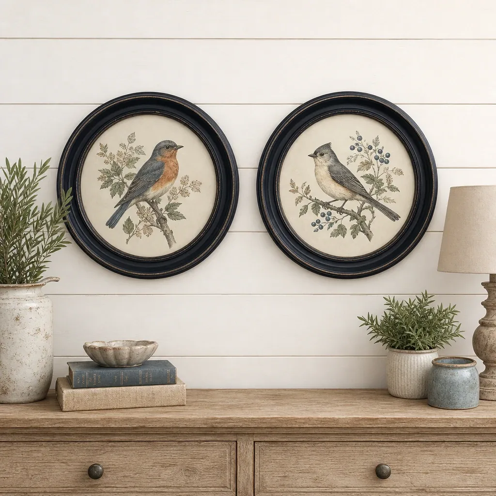 Round Bird Prints displayed in a warm farmhouse interior