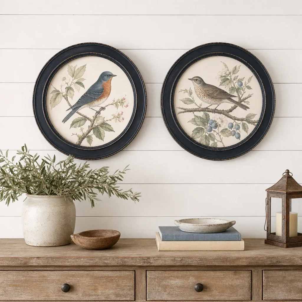 Alternate view of Round Bird Prints displayed in a warm farmhouse interior