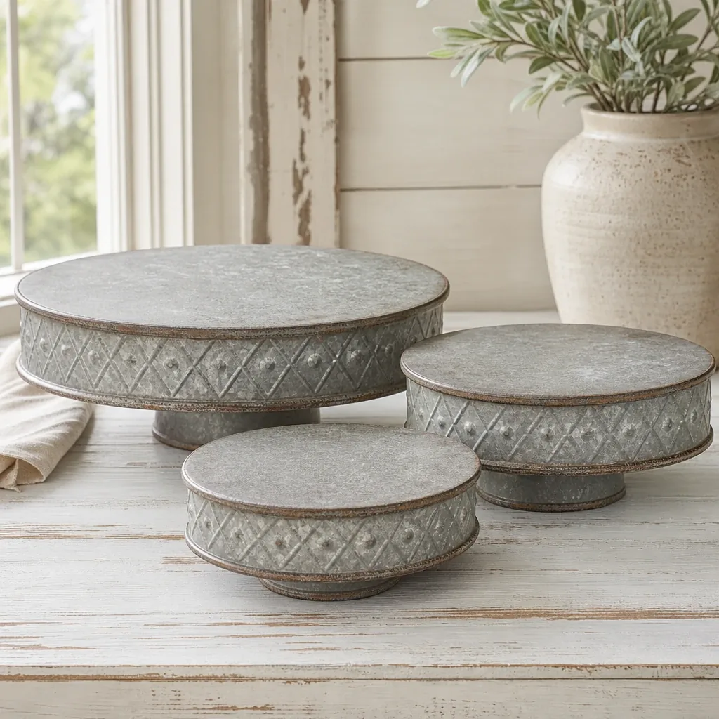 Round Tinwork Platforms styled on a softly lit farmhouse surface