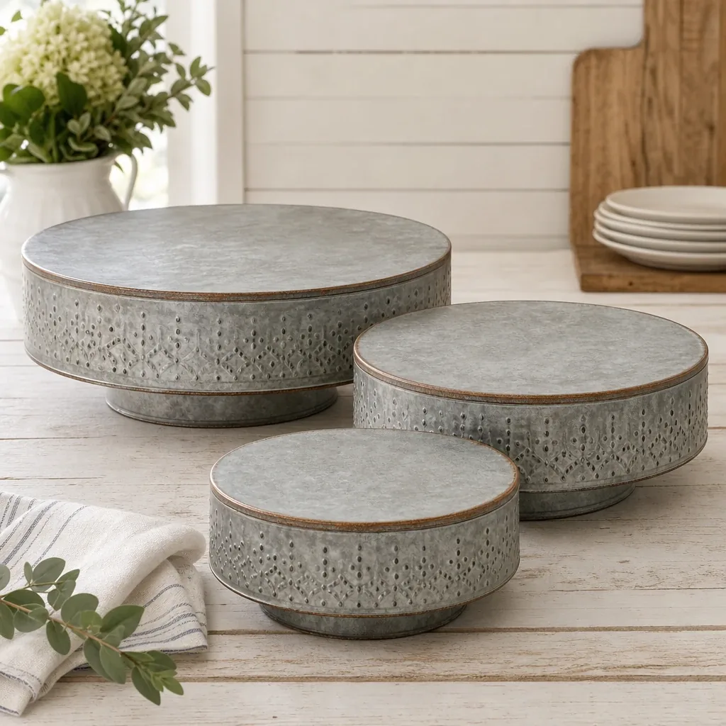 Alternate view of Round Tinwork Platforms styled on a softly lit farmhouse surface