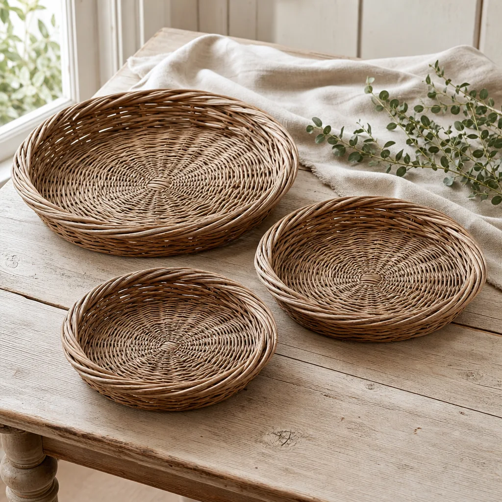 Round Willow Baskets styled on a softly lit farmhouse surface
