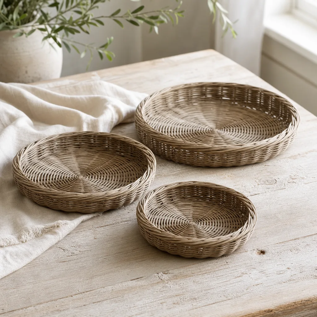 Alternate view of Round Willow Baskets styled on a softly lit farmhouse surface