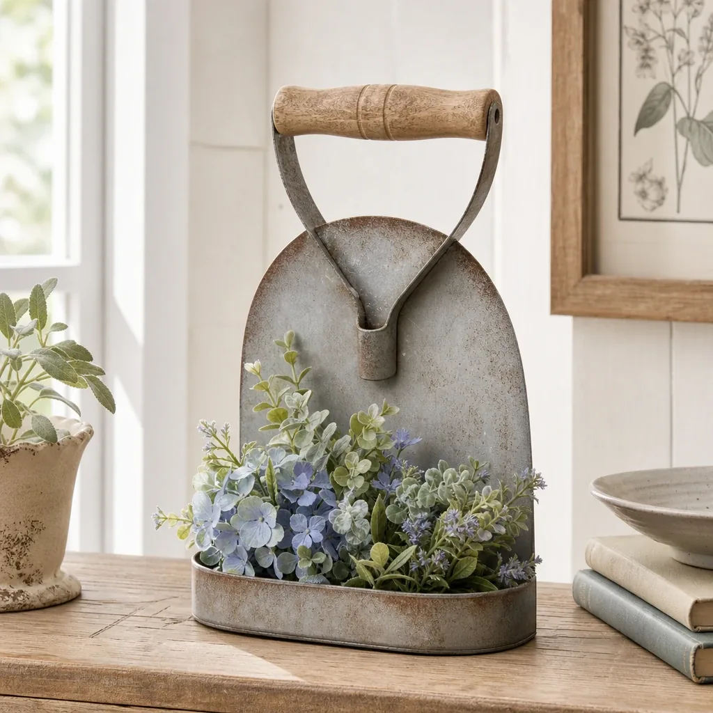 Rustic Garden Hoe Shelf styled on a softly lit farmhouse surface