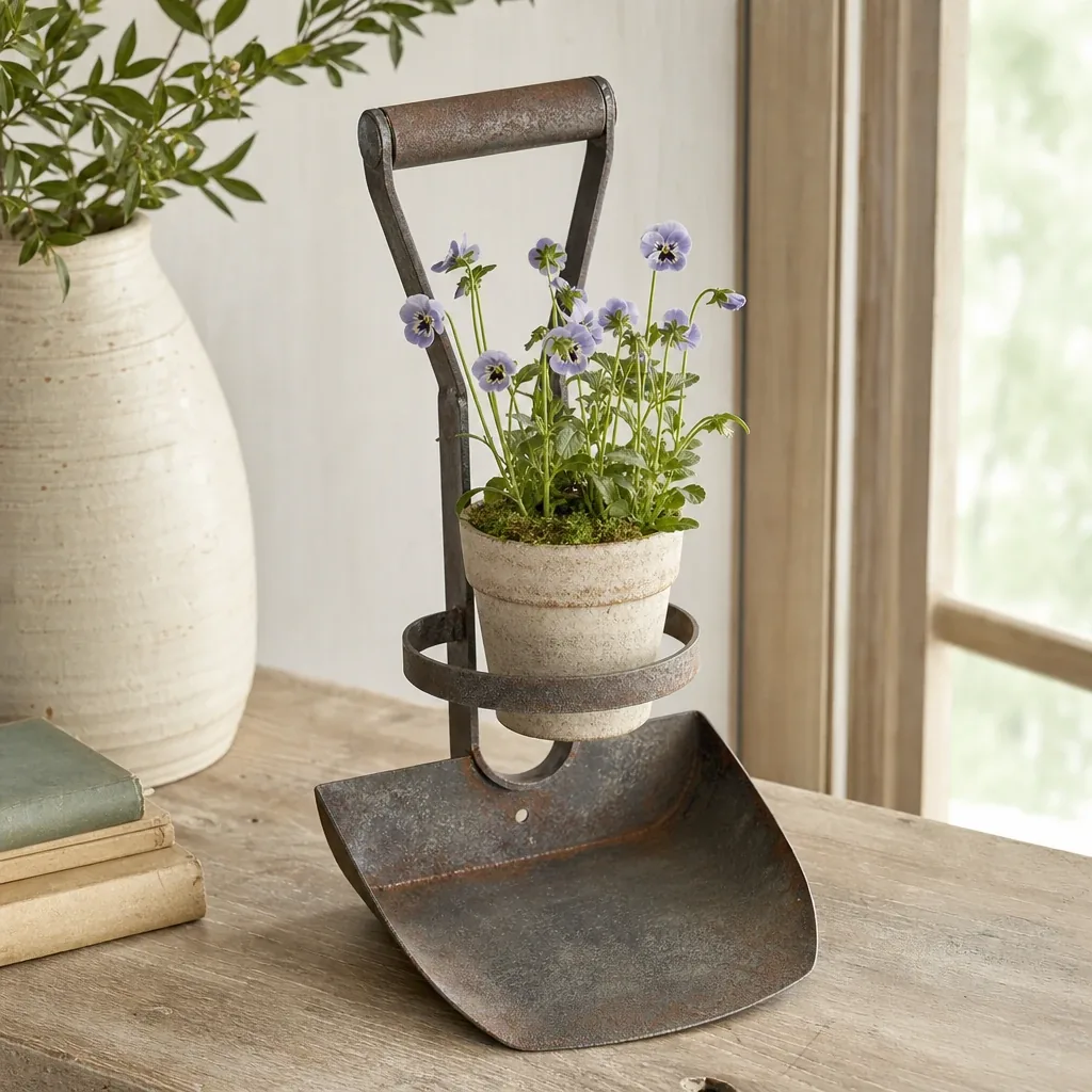 Alternate view of Rustic Garden Hoe Shelf styled on a softly lit farmhouse surface