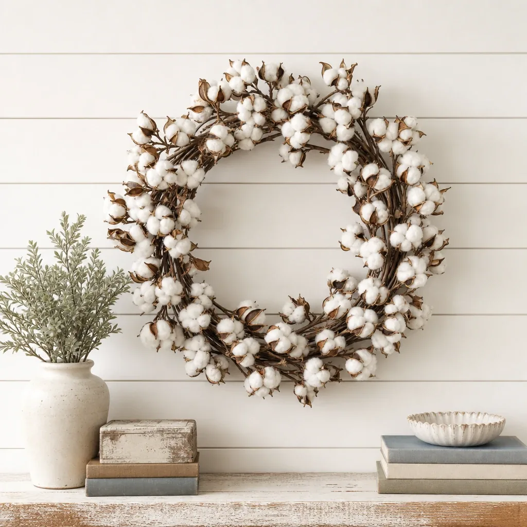 Small Cotton Wreath styled with soft natural light and greenery