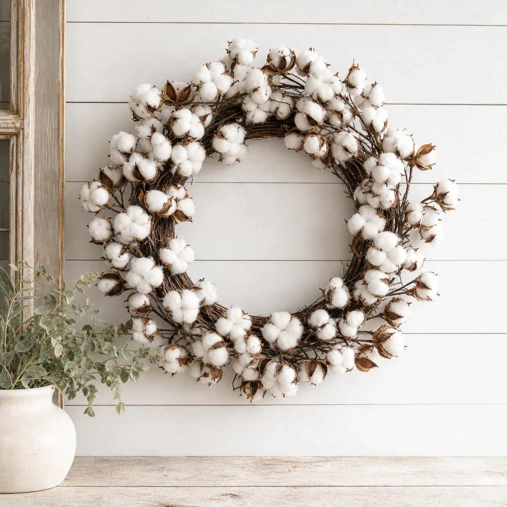 Alternate view of Small Cotton Wreath styled with soft natural light and greenery