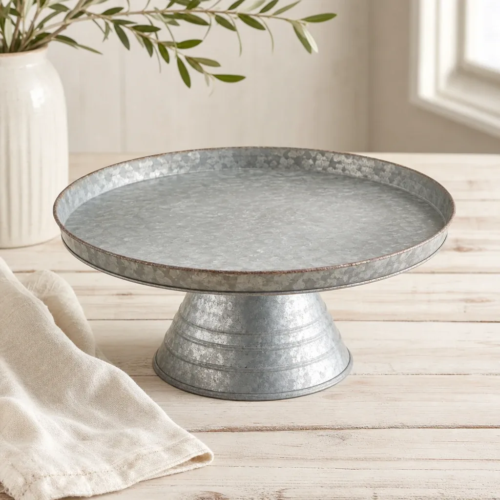 Small Galvanized Cake Stand styled on a softly lit farmhouse surface
