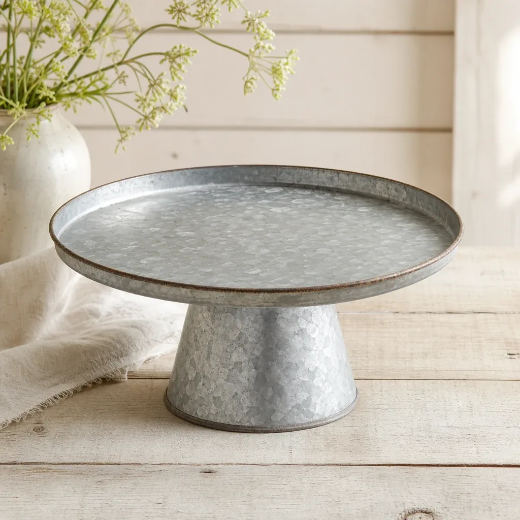 Alternate view of Small Galvanized Cake Stand styled on a softly lit farmhouse surface