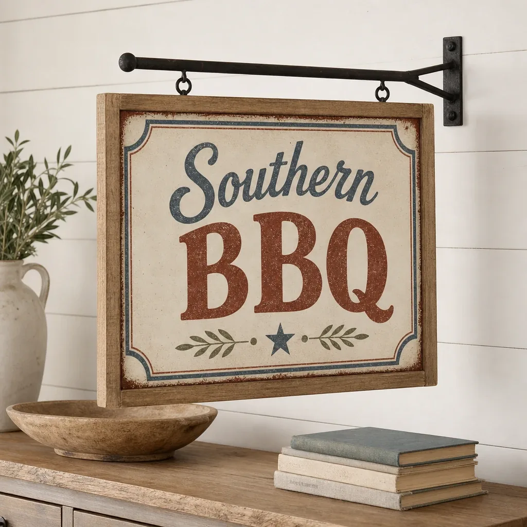 Southern BBQ Sign displayed in a warm farmhouse interior
